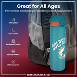 A teal water bottle, featuring a dolphin graphic and 