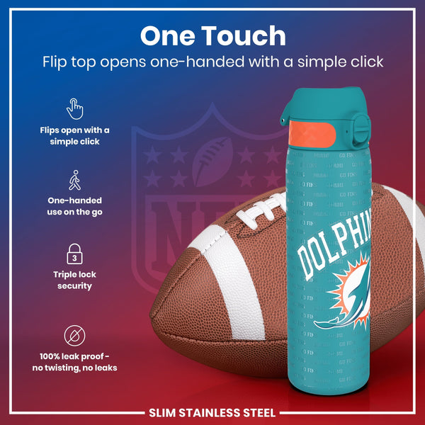 A teal, Miami Dolphins-themed water bottle rests beside a football. Its flip top opens one-handed; it's leakproof and has triple-lock security. The bottle is slim and made of stainless steel.