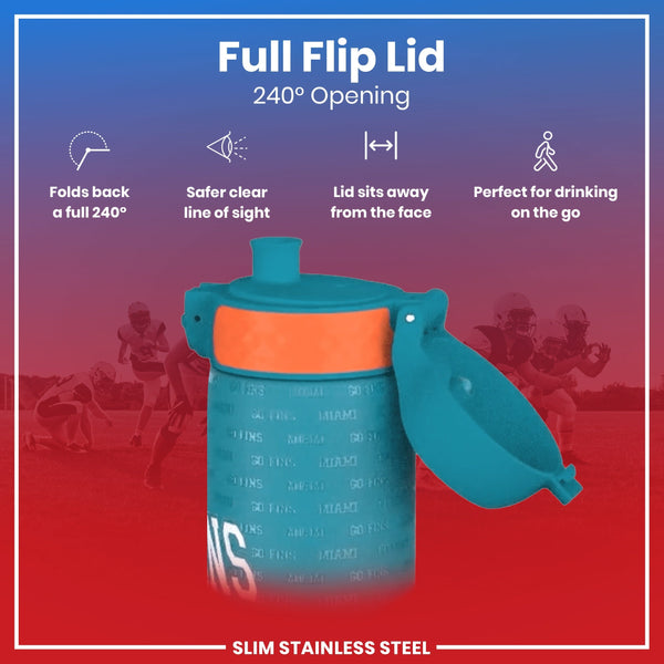 A teal water bottle with an orange band and a full flip lid, opening 240 degrees, is shown against a blurred background of American football players. The text reads: "Full Flip Lid 240° Opening," "Folds back a full 240°," "Safer clear line of sight," "Lid sits away from the face," "Perfect for drinking on the go," and "SLIM STAINLESS STEEL".