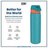 A teal stainless steel water bottle, featuring a repeating 