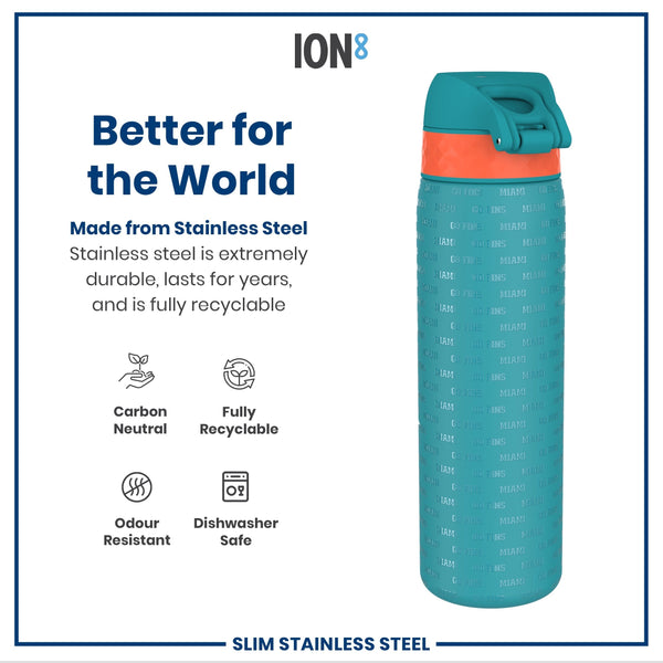 A teal stainless steel water bottle, featuring a repeating "Miami Go Fins" pattern, stands upright against a white background. It's presented as durable, recyclable, and dishwasher safe.
