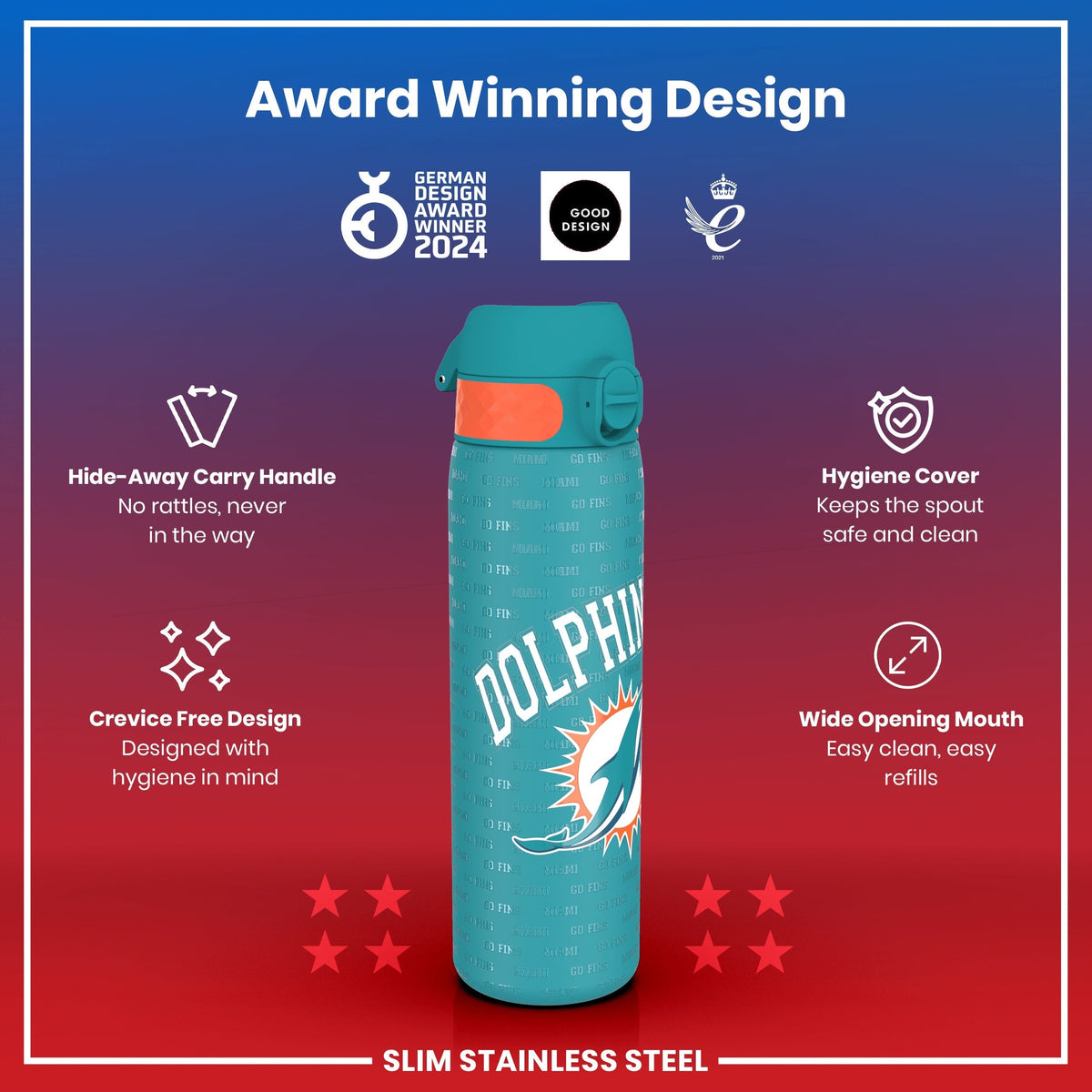 A teal water bottle, displaying a Miami Dolphins logo, sits against a red background. Award logos are shown. Features include a hide-away handle, hygiene cover, and crevice-free design. Slim stainless steel construction is noted.
