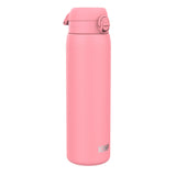 A pink water bottle stands upright against a white background. ION8 is printed on its side.