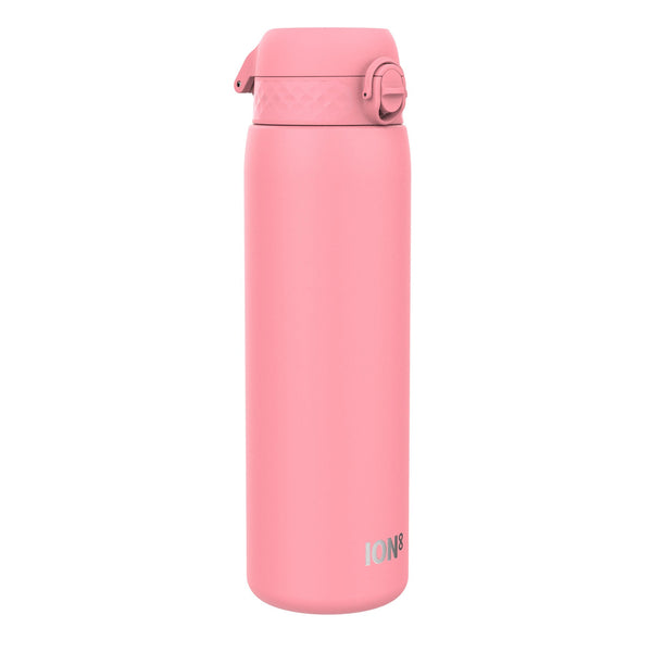 A pink water bottle stands upright against a white background. ION8 is printed on its side.