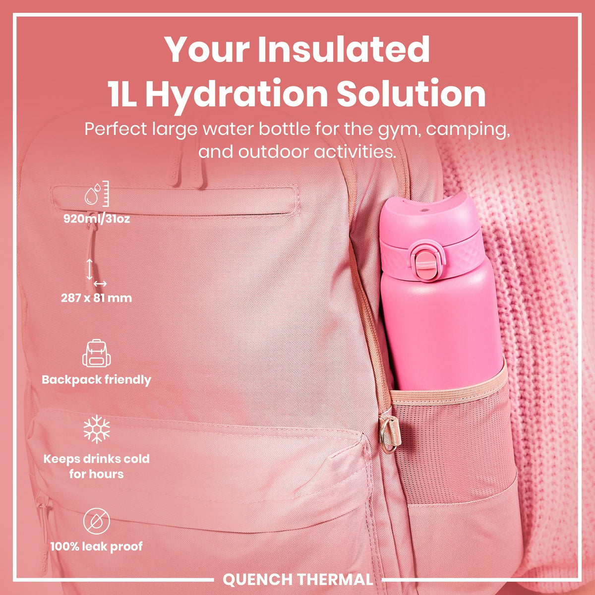 A pink, insulated water bottle fits inside a pink backpack's side pocket. It's 920ml/31oz and leakproof, keeping drinks cold for hours. The backpack is suitable for the gym, camping, and outdoor activities.