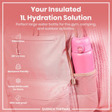 A pink, insulated water bottle fits inside a pink backpack's side pocket. It's 920ml/31oz and leakproof, keeping drinks cold for hours. The backpack is suitable for the gym, camping, and outdoor activities.