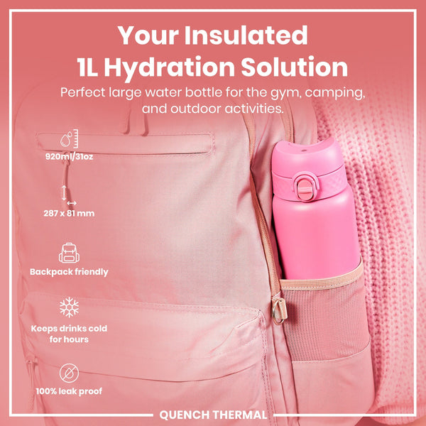 A pink, insulated water bottle fits inside a pink backpack's side pocket. It's 920ml/31oz and leakproof, keeping drinks cold for hours. The backpack is suitable for the gym, camping, and outdoor activities.