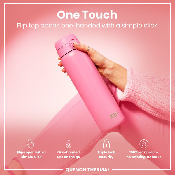 A pink ION8 water bottle is held; its flip top opens one-handed. The bottle's features are highlighted: simple click, one-handed use, triple lock security, and leak-proof design. The context is a pink background.