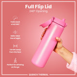 A pink water bottle with a full flip lid is held; the lid opens 240 degrees, providing a clear view and sitting away from the face, ideal for on-the-go use. Full Flip Lid, 240° Opening. QUENCH THERMAL.