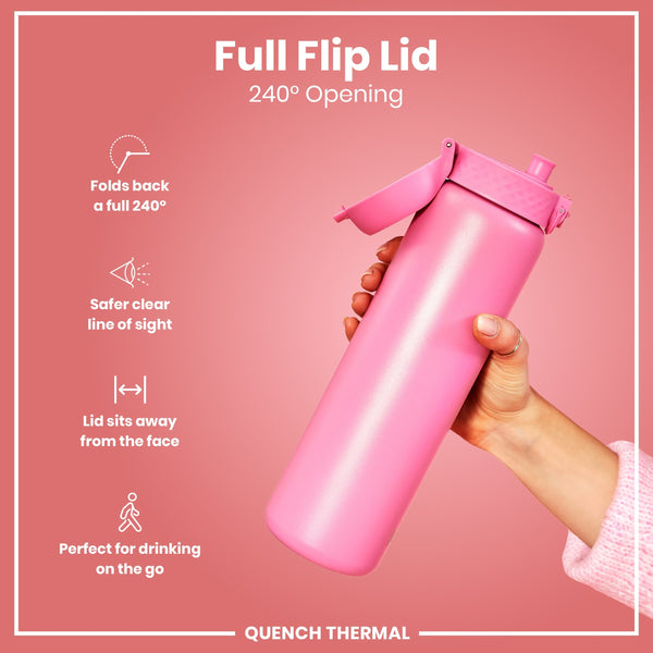 A pink water bottle with a full flip lid is held; the lid opens 240 degrees, providing a clear view and sitting away from the face, ideal for on-the-go use. Full Flip Lid, 240° Opening. QUENCH THERMAL.