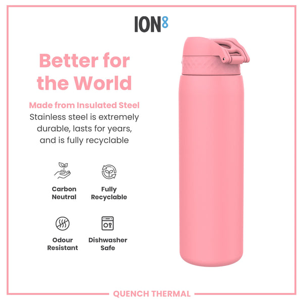 A pink insulated stainless steel water bottle sits against a white background; it is described as carbon neutral, fully recyclable, odour resistant, and dishwasher safe.