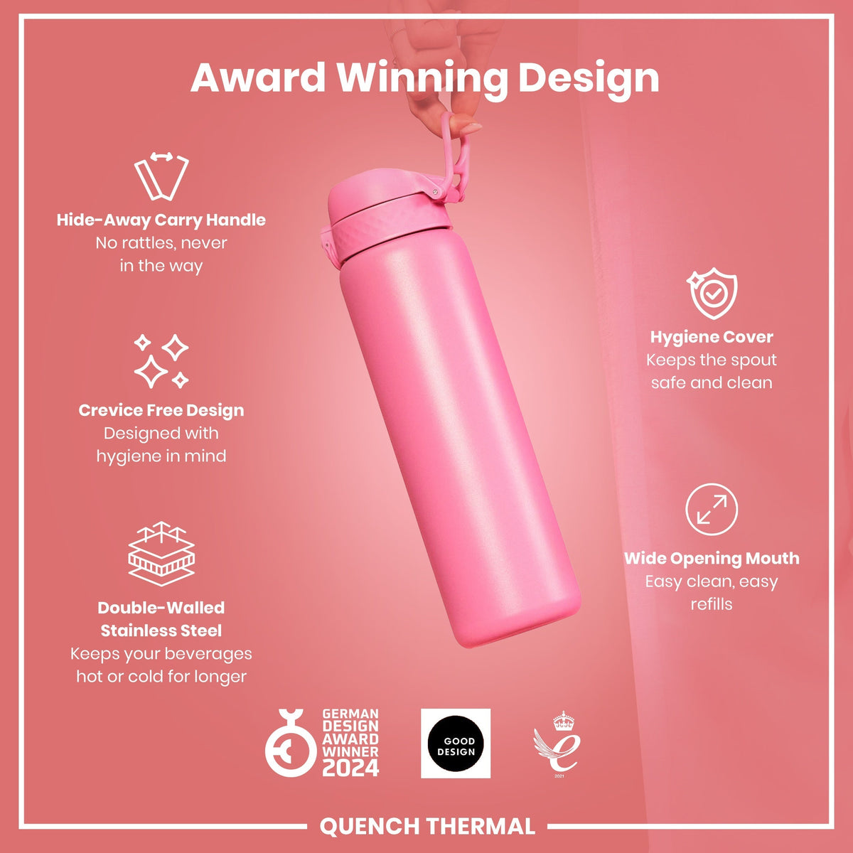 A pink, double-walled stainless steel water bottle is being held; it features a hide-away carry handle, crevice-free design, hygiene cover, and wide opening mouth. Award-winning design, 2024.