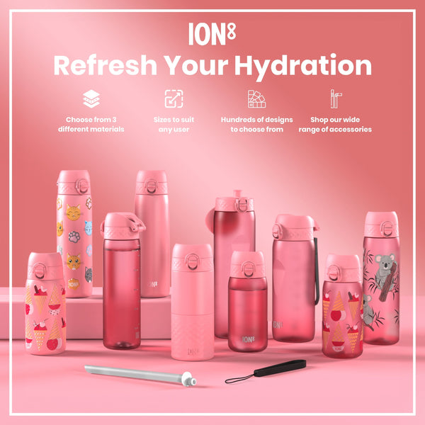 Pink ION8 water bottles, various sizes and designs, are displayed on a pink surface; accompanying text advertises material choices, sizing options, design variety, and accessories.