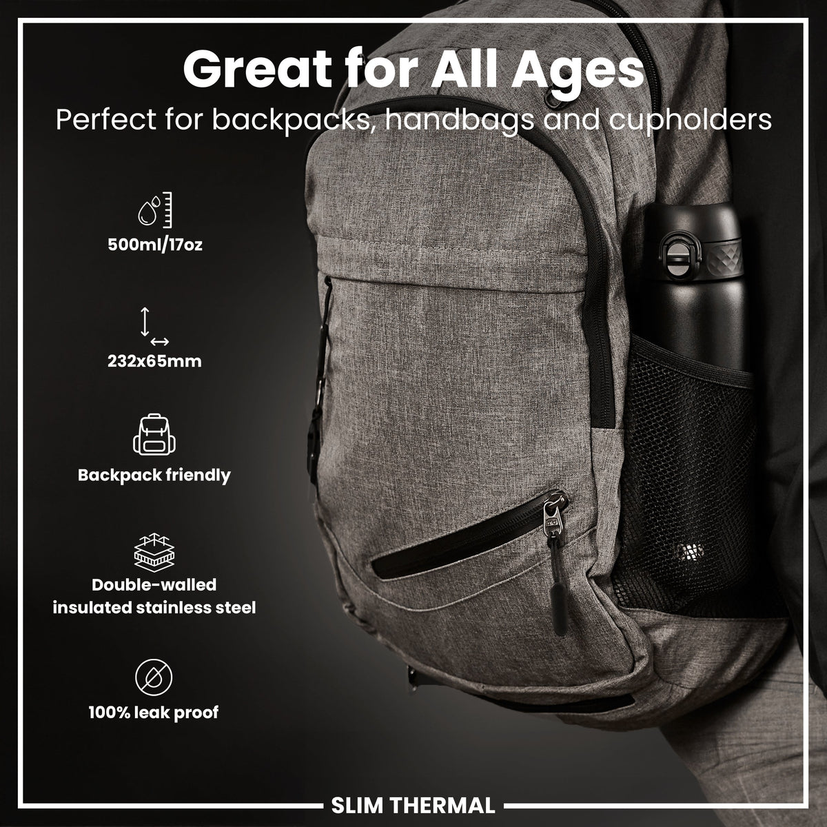 Isolierte Edelstahl-Wasserflasche, Schwarz, 500 ml