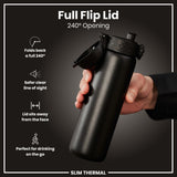 A black water bottle, with a 240° opening flip lid, is being held; against a dark background. Full Flip Lid, 240° Opening. SLIM THERMAL.