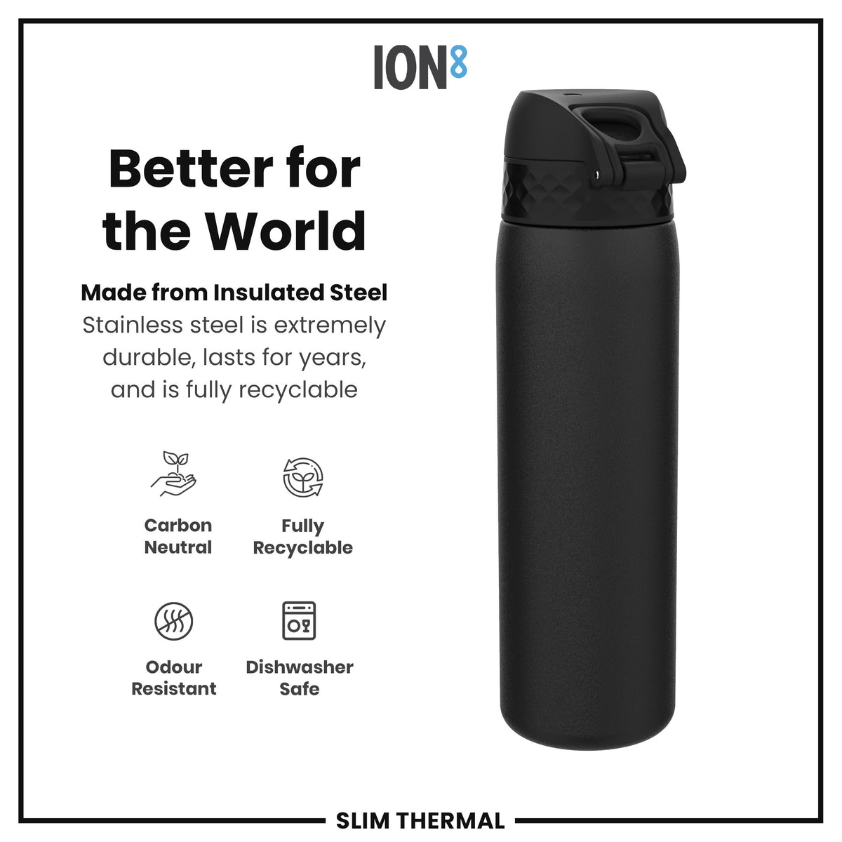 A black, insulated steel water bottle stands against a white background. It is shown with text advertising its recyclability, durability, and other features. The bottle is described as carbon neutral, fully recyclable, odor resistant and dishwasher safe.