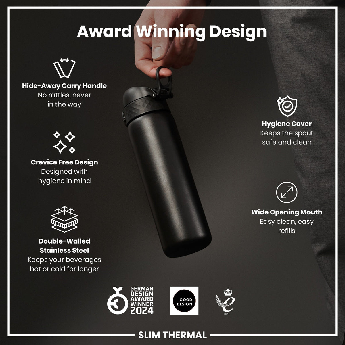 A hand holds a black, double-walled stainless steel thermal bottle; features include a hide-away handle, crevice-free design, hygiene cover, and wide mouth. It's an award-winning design.