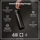 A hand holds a black, double-walled stainless steel thermal bottle; features include a hide-away handle, crevice-free design, hygiene cover, and wide mouth. It's an award-winning design.