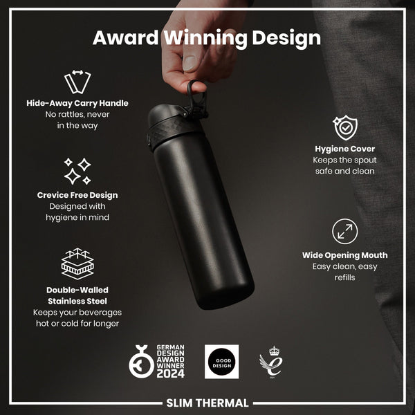 A hand holds a black, double-walled stainless steel thermal bottle; features include a hide-away handle, crevice-free design, hygiene cover, and wide mouth. It's an award-winning design.