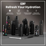 Several black water bottles, various sizes and designs, are displayed on a gray surface; accessories are also shown. 