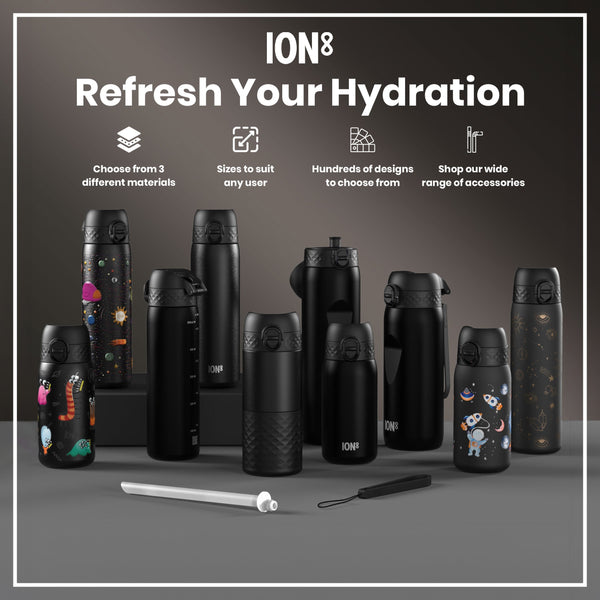 Several black water bottles, various sizes and designs, are displayed on a gray surface; accessories are also shown. "ION8 Refresh Your Hydration" is written above.