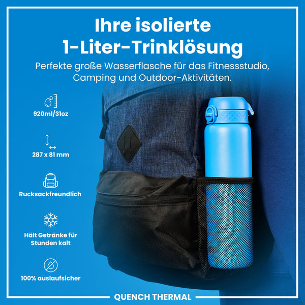 Isolierte Edelstahl-Wasserflasche, Blau, 1 L