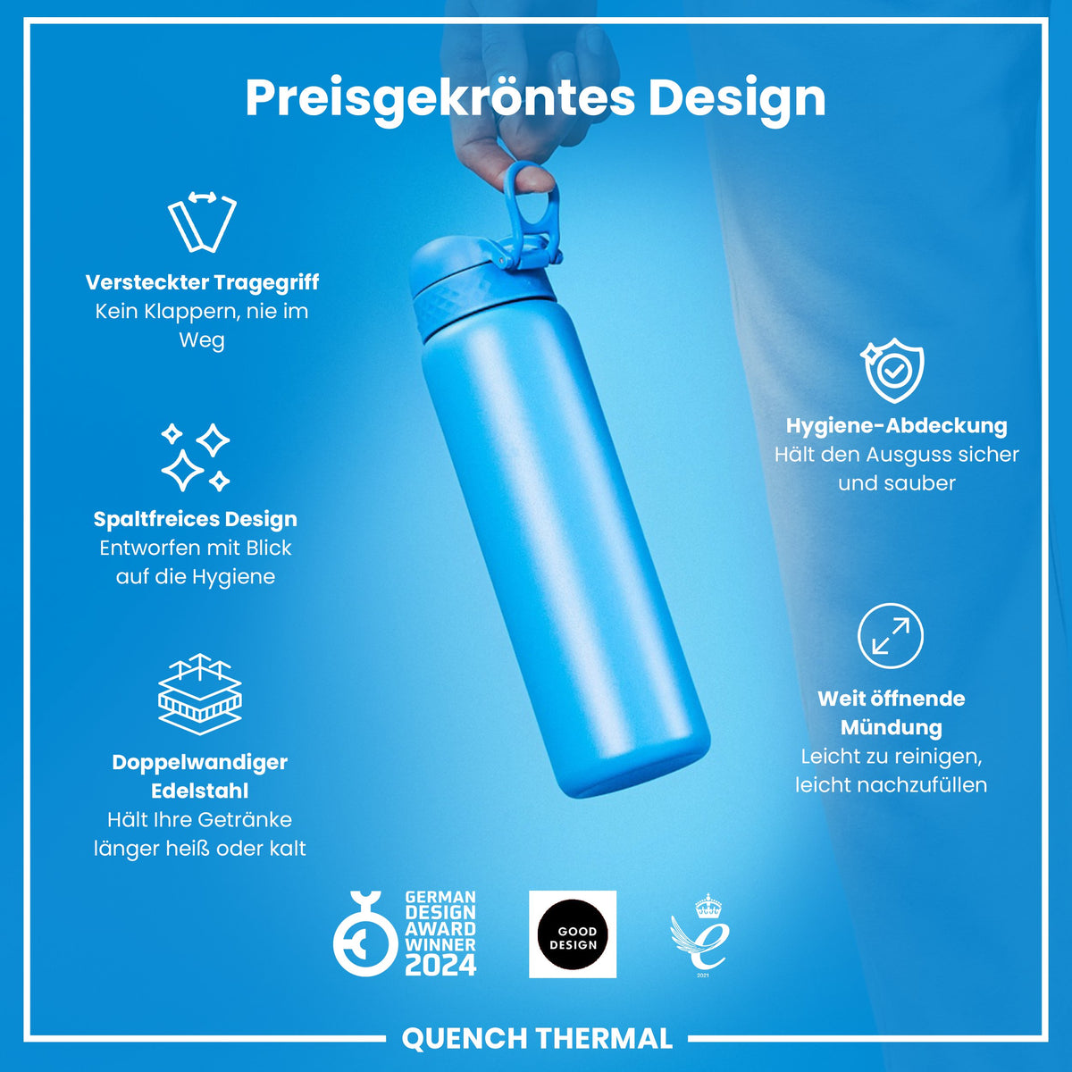 Isolierte Edelstahl-Wasserflasche, Blau, 1 L