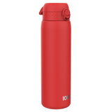 A red water bottle stands upright against a white background. The bottle features a textured lid and the logo 