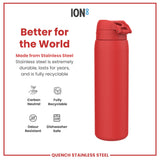 A red stainless steel water bottle sits against a white background; it is presented as durable, recyclable, dishwasher-safe, and odor-resistant. 
