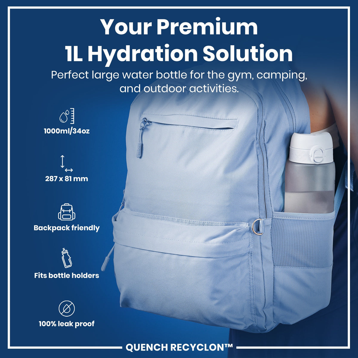 A one-liter water bottle fits inside a light-blue backpack's outer pocket. It's designed for gym use, camping, and other outdoor activities. The bottle is 100% leak-proof, backpack-friendly, and fits standard bottle holders. 1000ml/34oz; 287 x 81 mm.