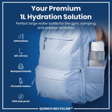 A one-liter water bottle fits inside a light-blue backpack's outer pocket. It's designed for gym use, camping, and other outdoor activities. The bottle is 100% leak-proof, backpack-friendly, and fits standard bottle holders. 1000ml/34oz; 287 x 81 mm.