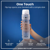 A water bottle is being held. Its flip top opens one-handed. The bottle features hydration time markers and is advertised as leakproof. The text reads: “One Touch,” “Flip top opens one-handed with a simple click,” “QUENCH RECYCLON™.”