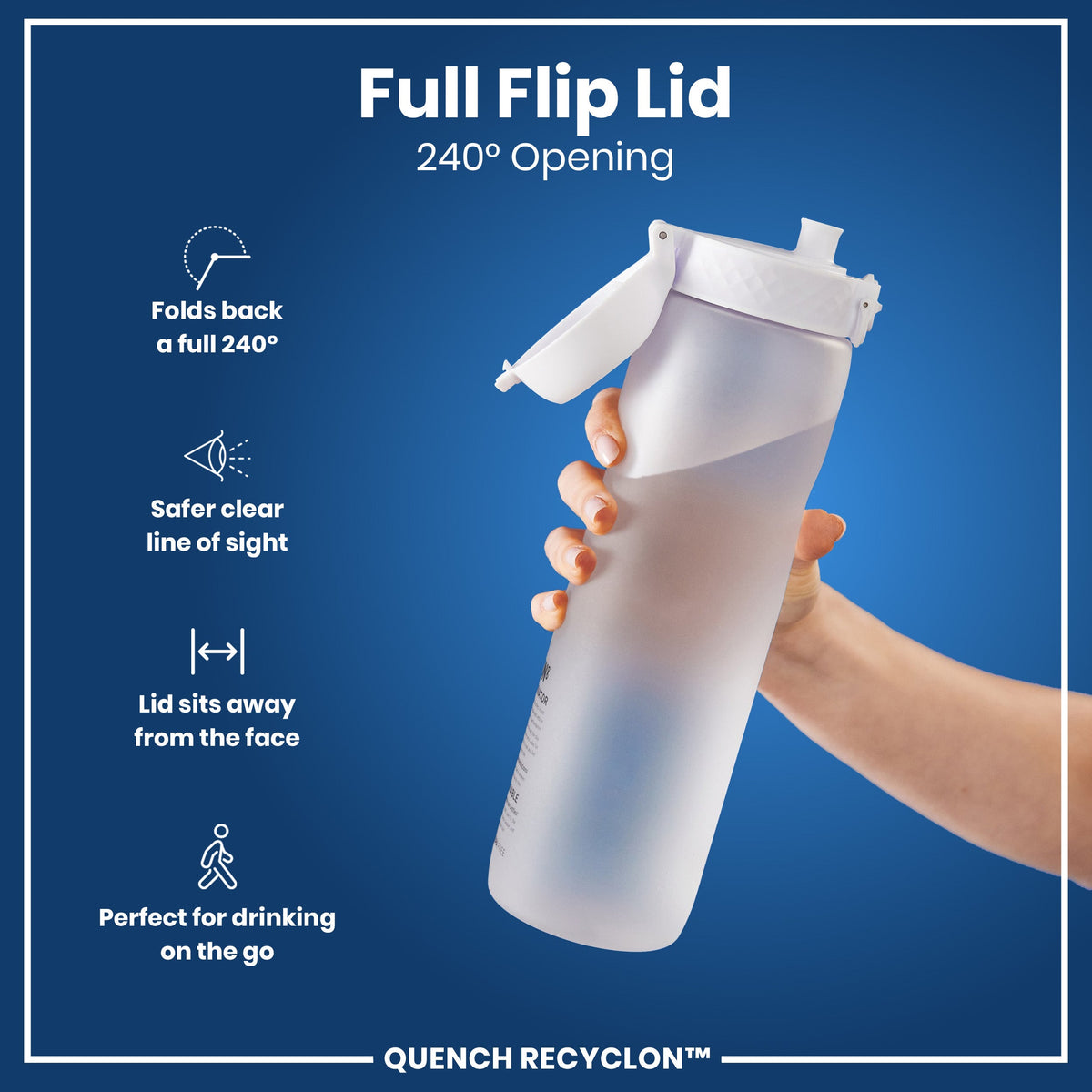A frosted, white water bottle with a white flip lid is held by a hand against a blue background. The lid is opened 240 degrees. The text reads: “Full Flip Lid 240° Opening,” “Folds back a full 240°,” “Safer clear line of sight,” “Lid sits away from the face,” “Perfect for drinking on the go,” and “QUENCH RECYCLON™”.