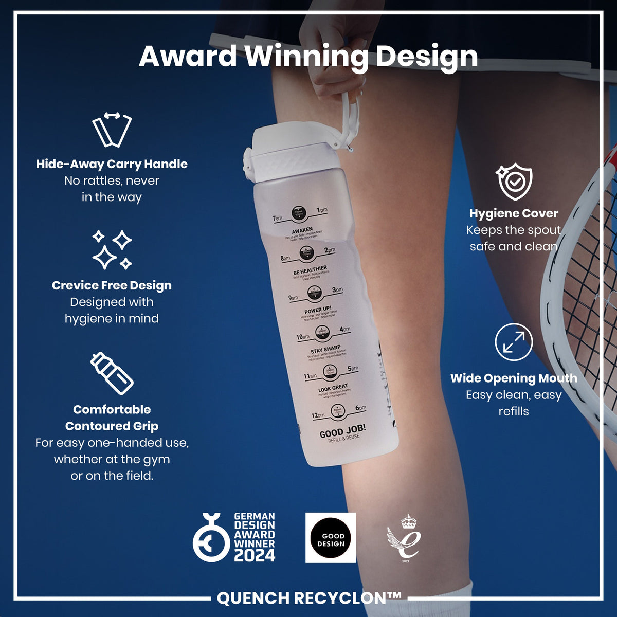 A water bottle is being held; its features are highlighted against a blue background showing a tennis player.