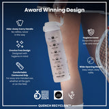 A water bottle is being held; its features are highlighted against a blue background showing a tennis player.