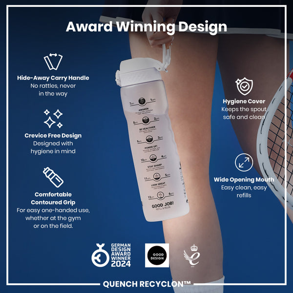 A water bottle is being held; its features are highlighted against a blue background showing a tennis player.