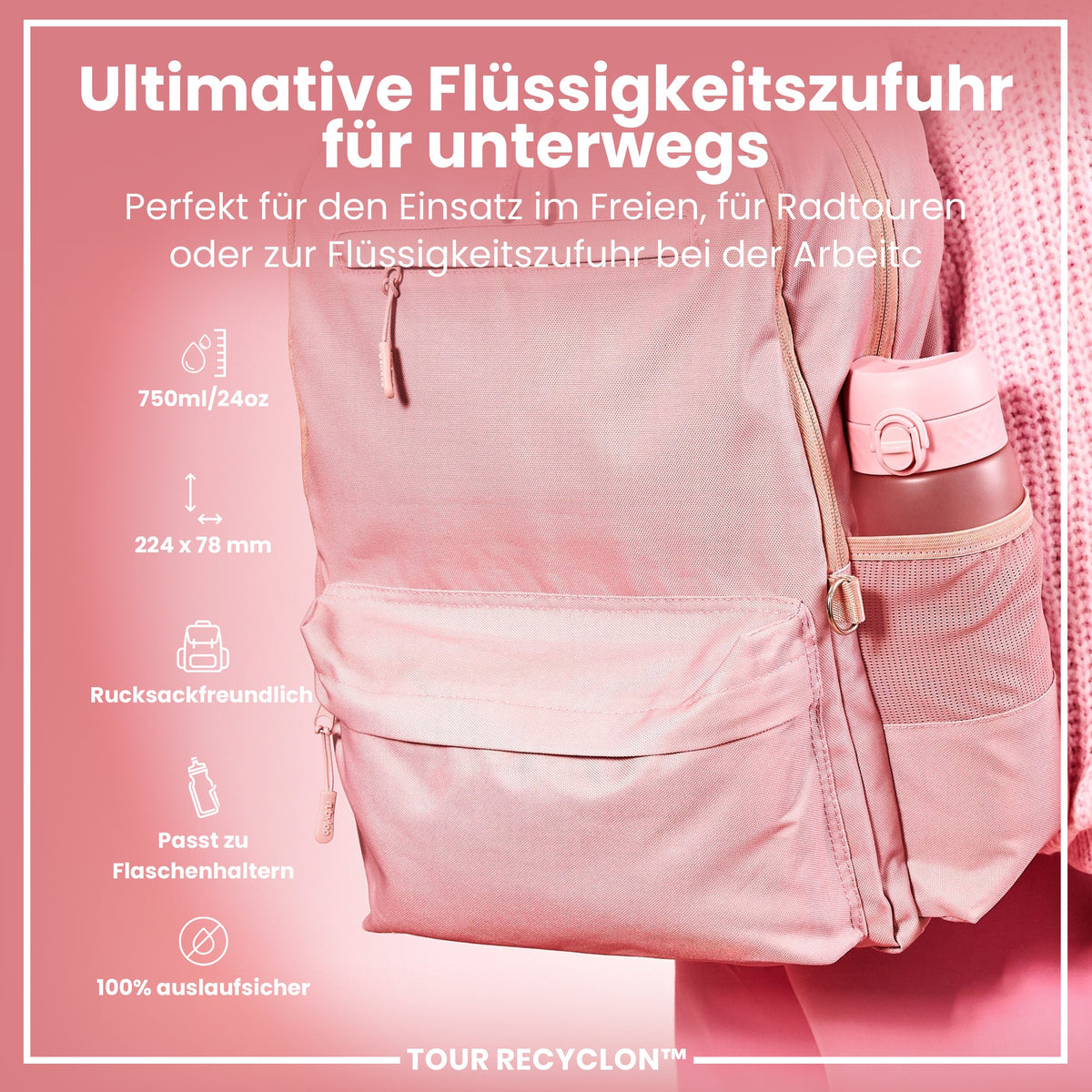 Recyclon-Wasserflasche, Rosenquarz, 750ml