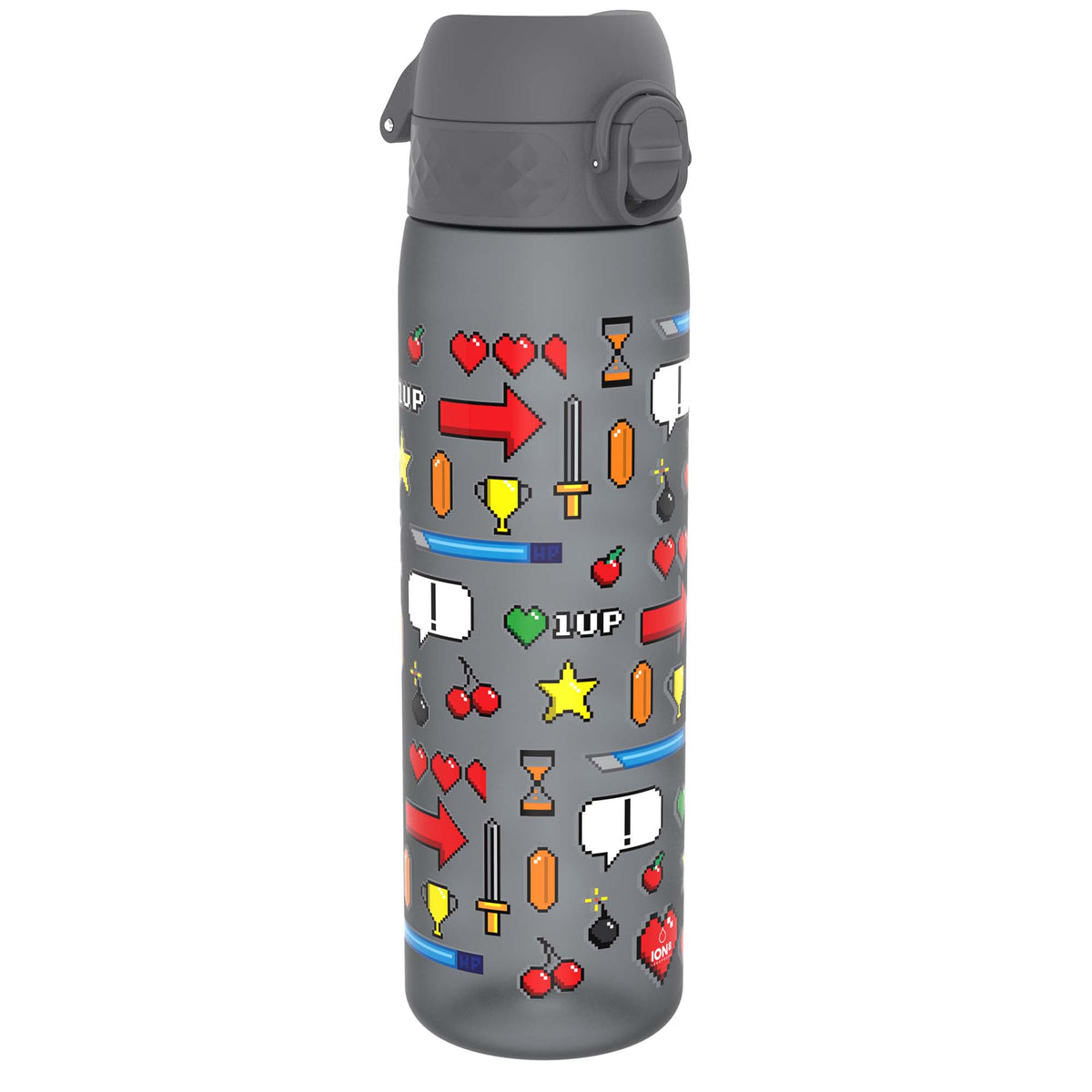 A gray water bottle, displaying pixelated video game icons, stands on a white background. The bottle features cherries, hearts, arrows, swords, and “1UP” text.