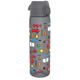 A gray water bottle, displaying pixelated video game icons, stands on a white background. The bottle features cherries, hearts, arrows, swords, and “1UP” text.
