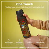 A water bottle, with a flip top, is being held; it has a one-handed opening mechanism and features a game-themed design.