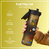 A person holds a dark-colored water bottle with a flip-top lid and pixel art graphics; the bottle's lid is open, showcasing a 240° opening mechanism. The context is a promotional image.