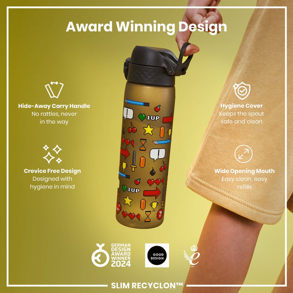 A gold water bottle, with a retro-game design, is being held. The bottle features a hide-away handle, hygiene cover, and wide mouth. It's an award-winning design.