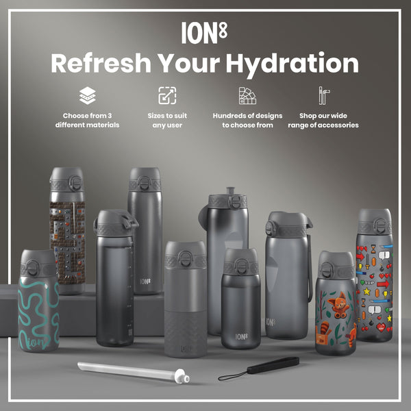 Several ION8 water bottles, various sizes and designs, are displayed on a gray surface; accessories are also shown. Choose from 3 different materials, sizes to suit any user, hundreds of designs, and a wide range of accessories.