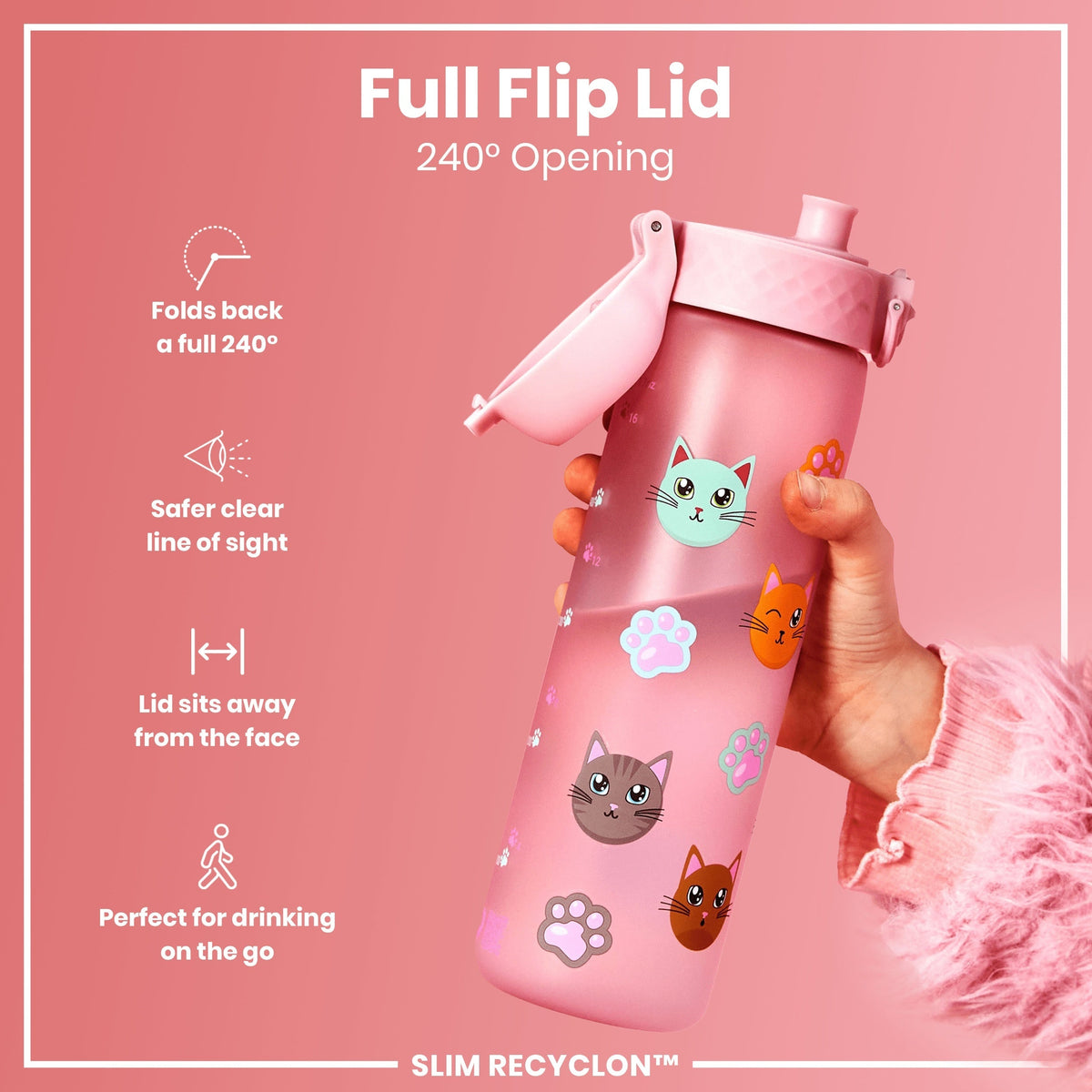 A pink water bottle, featuring a full flip lid and cat paw print designs, is being held; the 240° opening is shown, highlighting ease of use.