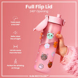 A pink water bottle, featuring a full flip lid and cat paw print designs, is being held; the 240° opening is shown, highlighting ease of use.