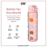 A pink water bottle, adorned with cat faces and paw prints, stands against a white background. It is made from a plant-based polymer, is BPA-free, dishwasher safe, and odour resistant. The text states: 
