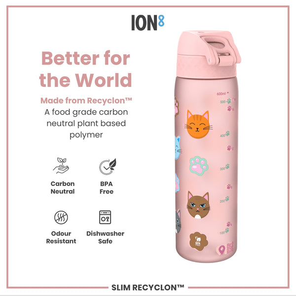 A pink water bottle, adorned with cat faces and paw prints, stands against a white background. It is made from a plant-based polymer, is BPA-free, dishwasher safe, and odour resistant. The text states: "Better for the World," "Made from Recyclon™," "A food grade carbon neutral plant based polymer," "Carbon Neutral," "BPA Free," "Odour Resistant," "Dishwasher Safe," "SLIM RECYCLON™".