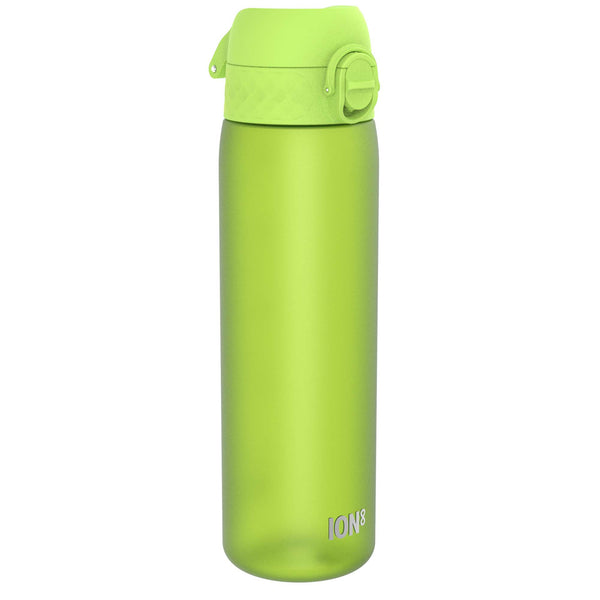 A lime-green water bottle stands upright against a white background. The bottle features a flip-top lid and the logo ION8.