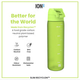 A lime-green water bottle sits against a white background; it is made from a plant-based polymer and displays volume markers. The text reads: 