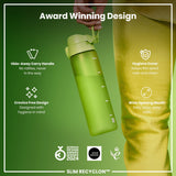 A green water bottle is being held; it features a hide-away handle, crevice-free design, hygiene cover, and wide mouth. Award-winning design. SLIM RECYCLON™.